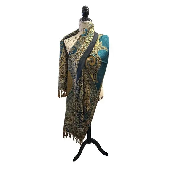 Pashmina Paisley Patterned Reversible Shawl/Wrap With Fringe - Teal & Gold - Wom - Picture 7 of 7